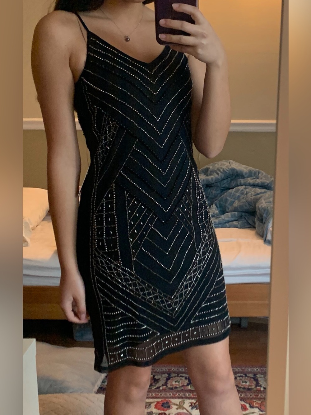 Black Beaded V-Neck Cocktail Dress